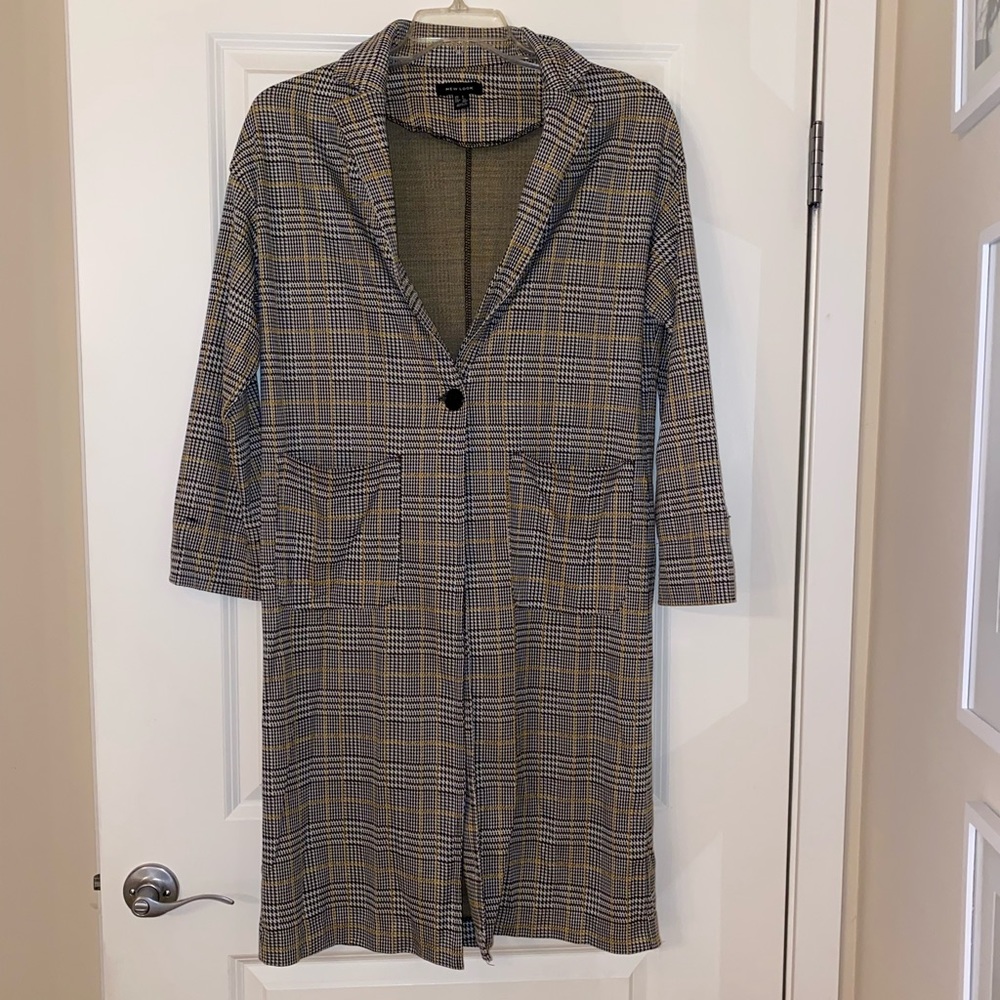 New Look plaid grey long blazer jacket w buttons